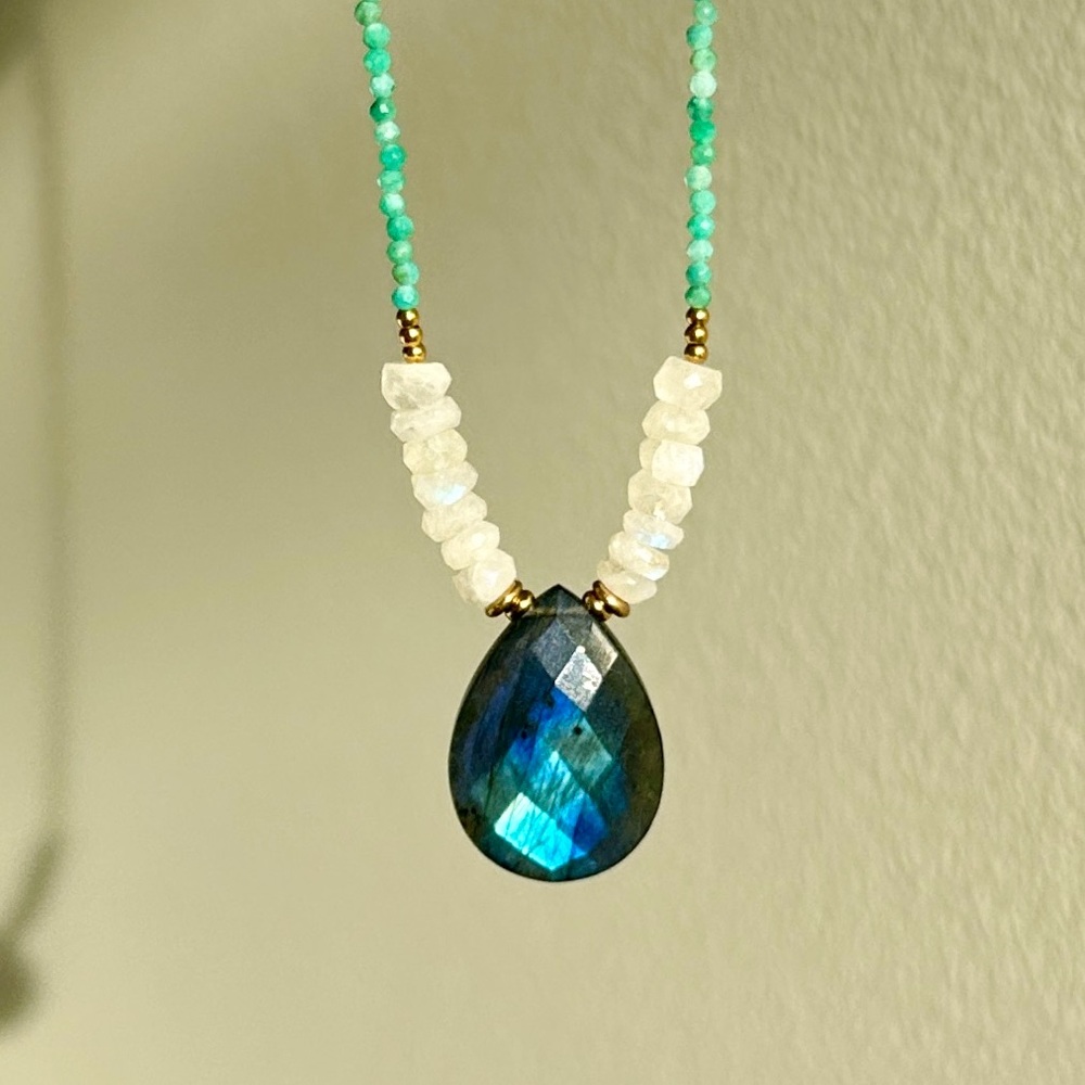 Gold Necklace Amazonite Labradorite & Moonstone Crystal Jewelry Pendant Necklace